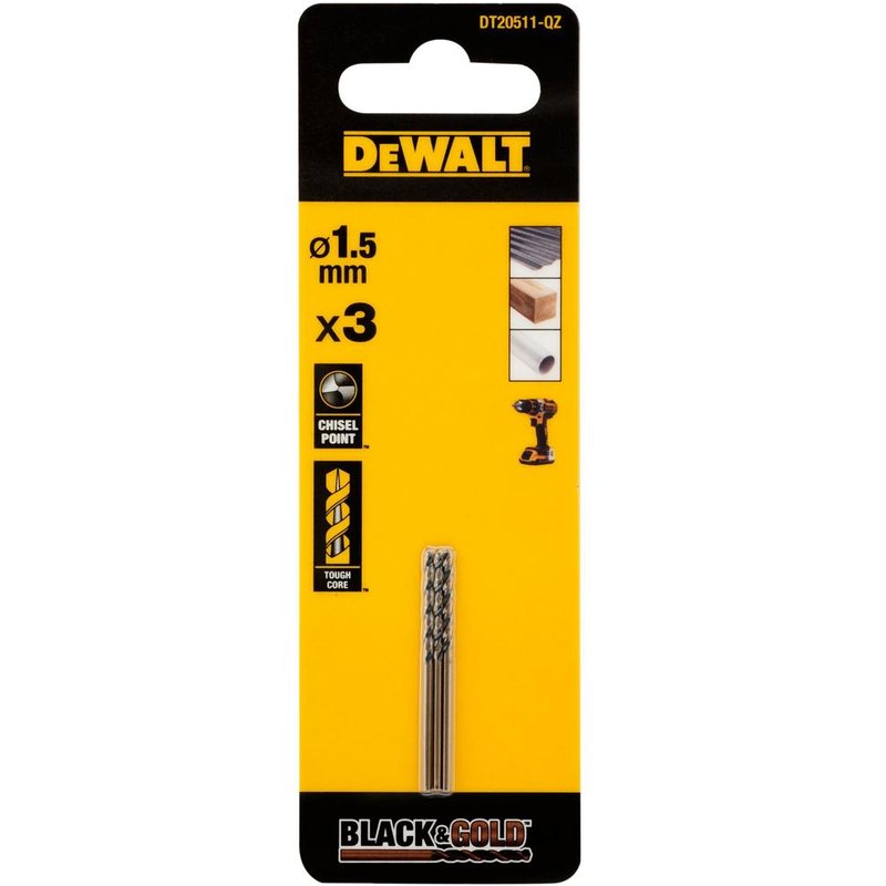 DEWALT Power Tools BLACK&GOLD HSS Drill Bits (3) 1.5mm DT20511-QZ