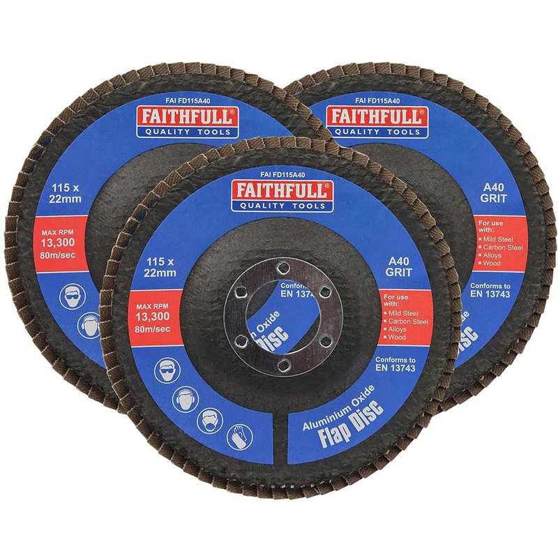 Faithfull Aluminium Oxide Flap Disc 115 x 22mm 40 Grit (3 Pack) FAIFD11540A3