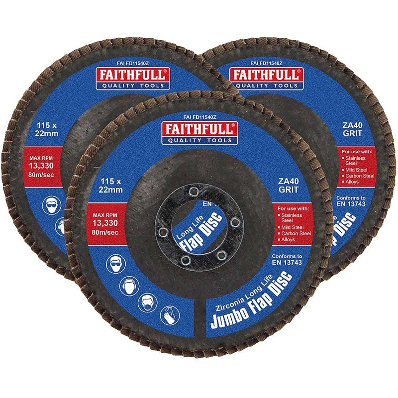 Faithfull Zirconia Abrasive Jumbo Flap Disc 115 x 22mm 40 Grit (3 Pack) FAIFD11540Z3