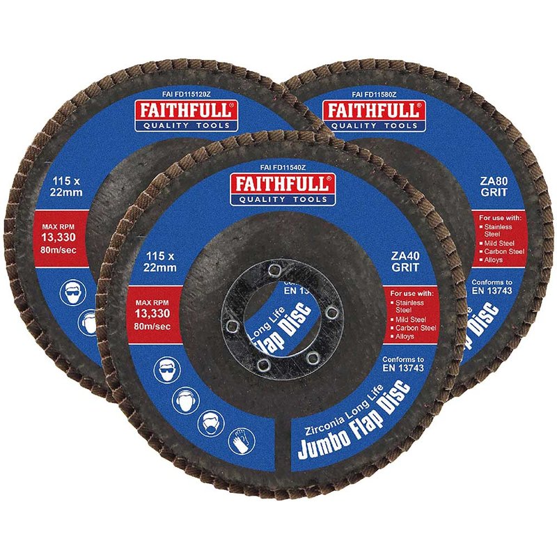 Faithfull Zirconia Abrasive Jumbo Flap Disc 115 x 22mm Mixed Grit (3 Pack) FAIFD115ZM3