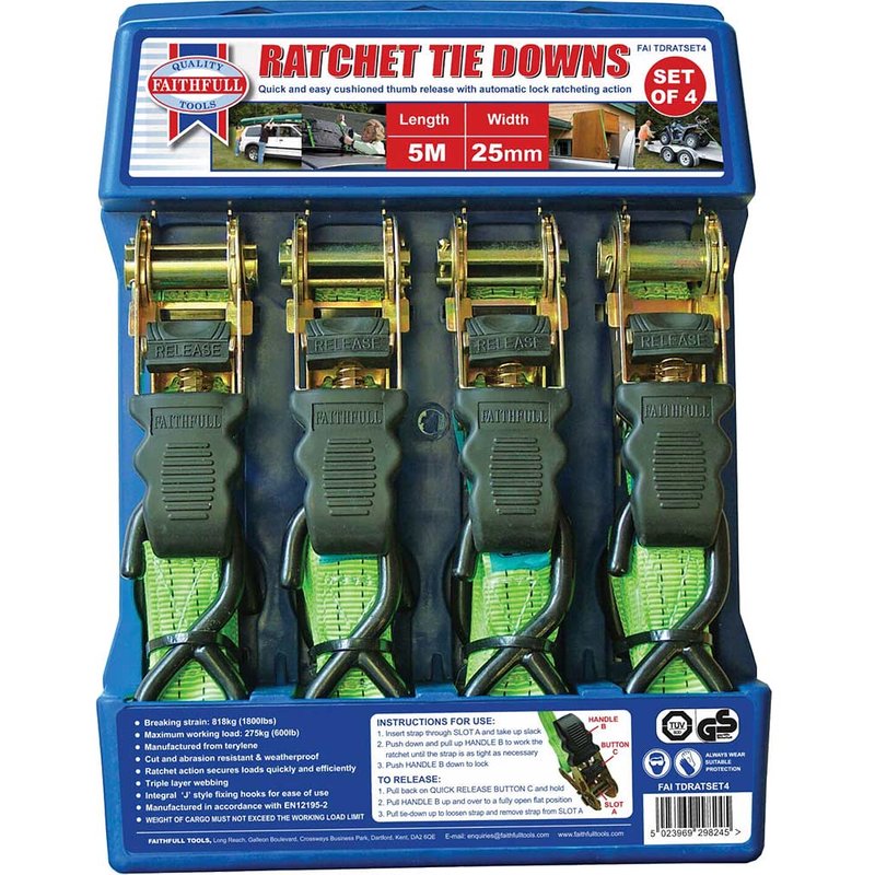 Faithfull Ratchet Tie-Downs 5m x 25mm Green 4 Piece FAITDRATSET4