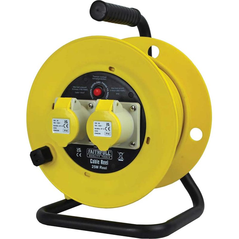 Faithfull Power Plus Open Drum Cable Reel 110V 16A 2-Socket 25m (1.5mm Cable) CR2516