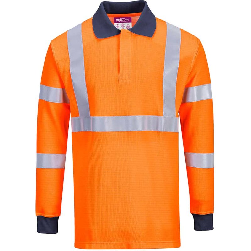 Modaflame Mens RIS Anti Static Flame Resistant Long Sleeve Polo Shirt Orange 2XL
