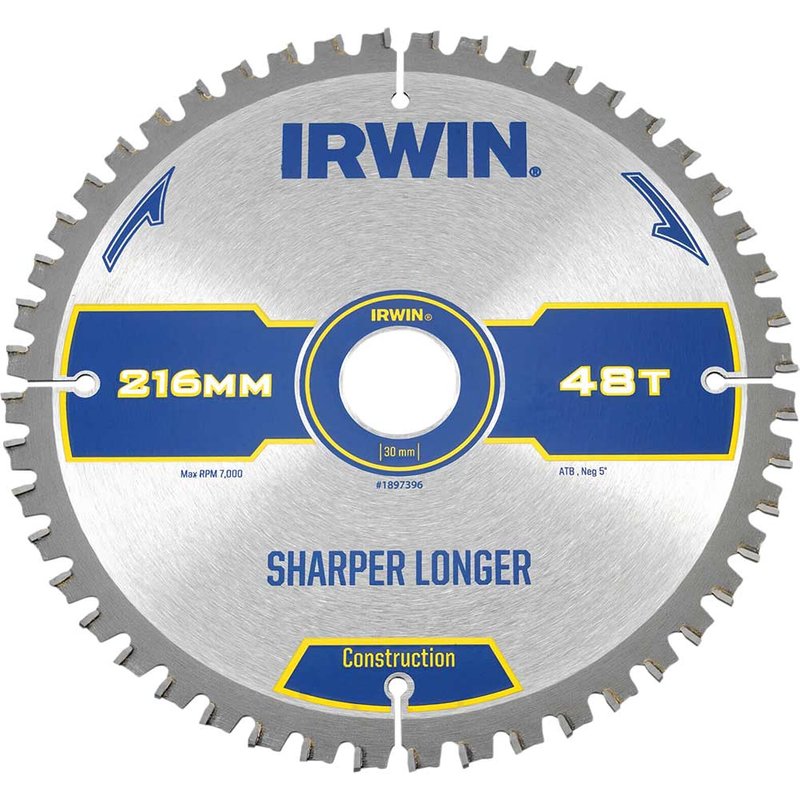 Irwin IRWIN® Construction Mitre Circular Saw Blade 216 x 30mm x 48T ATB/Neg 1897396
