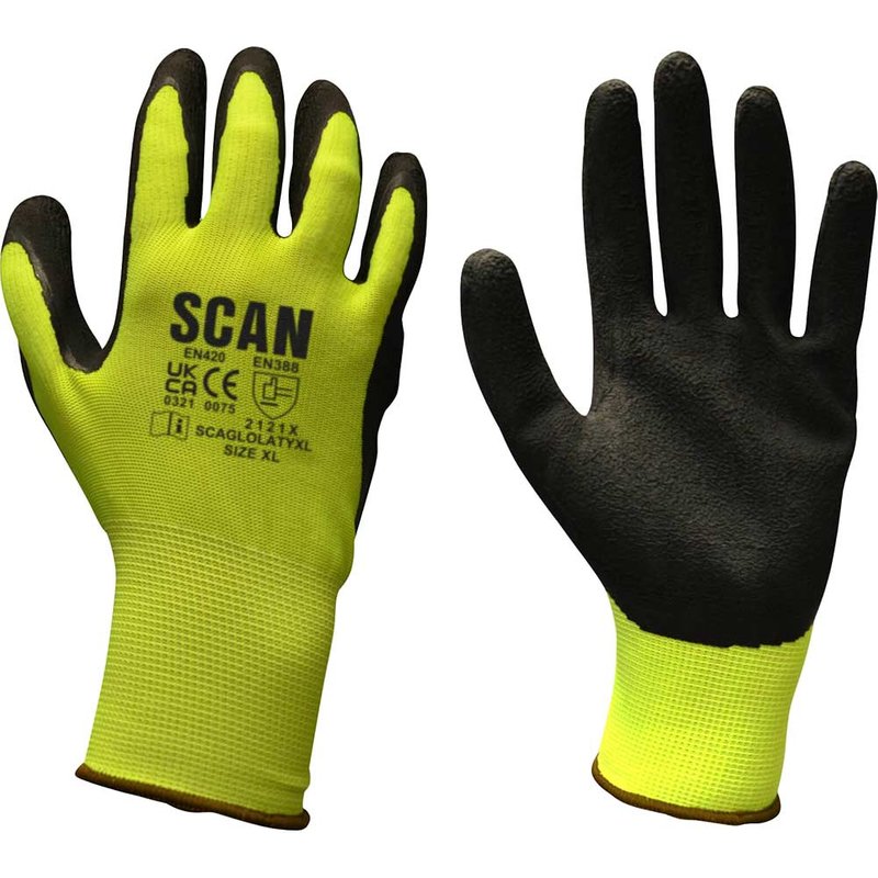 Scan Hi-Vis Yellow Foam Latex Coated Gloves -XL (Size 10) 2ARK49L-26