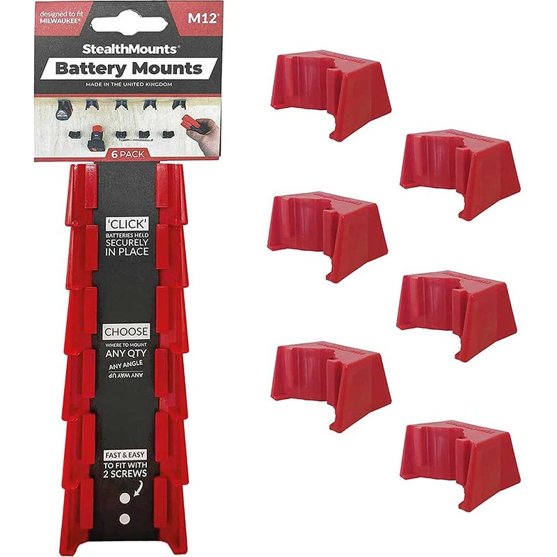 Stealth Mounts 6 Pack Battery Mounts for Milwaukee 12V M12 Batteries Black