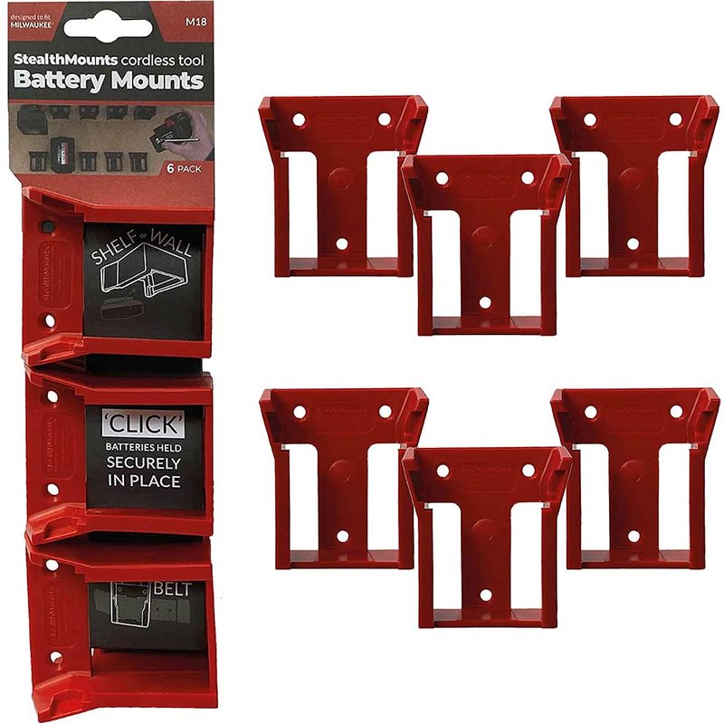 Stealth Mounts 6 Pack Battery Mounts for Milwaukee 18V M18 Batteries Black