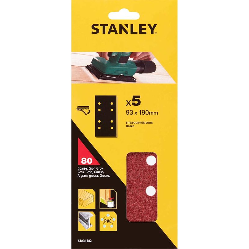 Stanley Punched Hook and Loop 1/3 Sanding Sheets 93mm x 190mm 80g Pack of 5