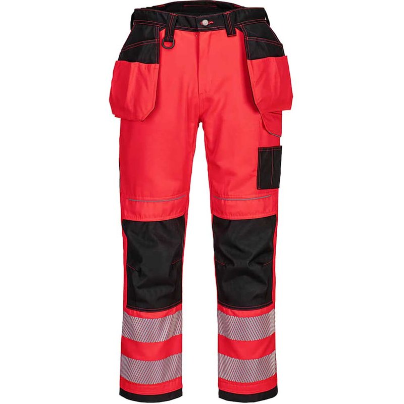 Portwest PW3 Hi Vis Holster Pocket Work Trousers Red / Black 44" 31"