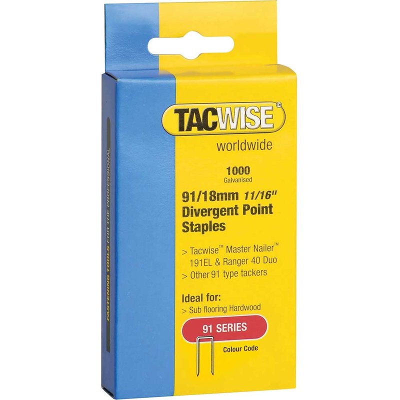 Tacwise 91 Narrow Crown Divergent Point Staples 18mm - Electric Tackers (Pack 1000) 0287