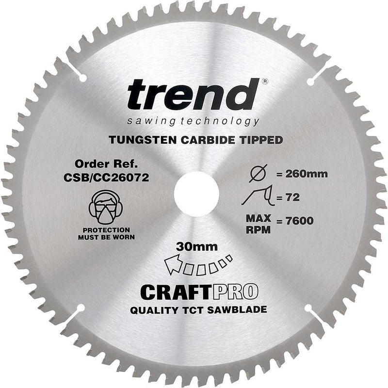 Trend CRAFTPRO Wood Cutting Mitre Saw Blade 260mm 72T 30mm