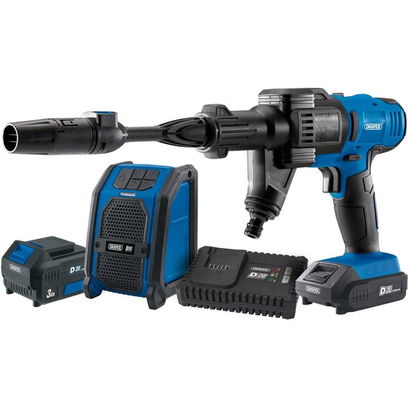 Draper D20 20v Cordless Pressure Washer and Cordless Speaker Kit 1 x 2ah & 1 x 3ah Li-ion Charger No Case