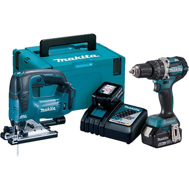 Makita DLX2202TJ1 18v LXT Cordless Brushless Combi Drill and Jigsaw Kit 2 x 5ah Li-ion Battery Charger Case