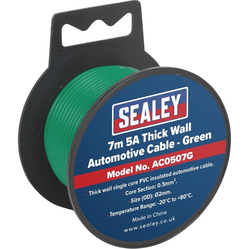 Sealey Automotive Cable 5amp Green 2mm 7m
