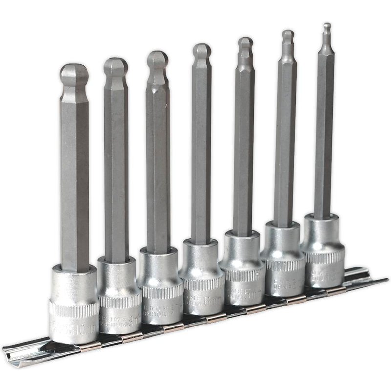 Sealey 7 Piece 3/8" Drive Ball End Long Hexagon Socket Bit Set Metric 3/8" 100mm