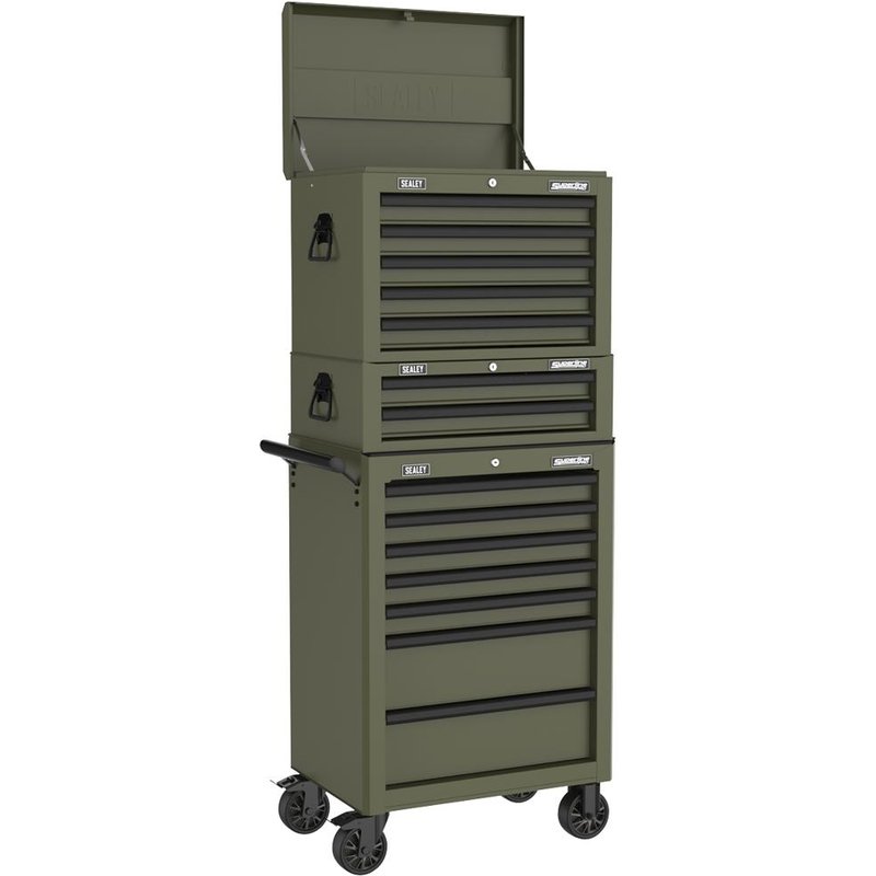 Sealey Superline Pro 14 Drawer Roller Cabinet, Mid Box and Top Tool Chest Khaki