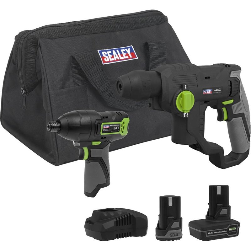 Sealey 10.8v Cordless SDS Drill and Impact Driver Kit 1 x 2ah & 1 x 4ah Li-ion Battery Charger Bag