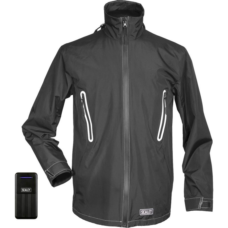 Sealey 5v Heated Rain Jacket and 20ah Power Bank Black M