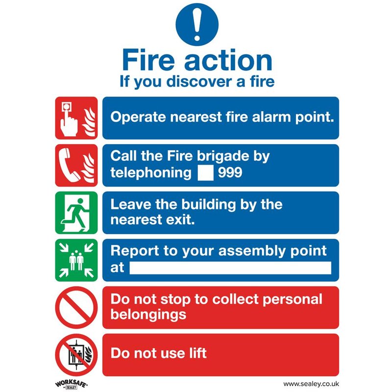 Sealey Rigid Plastic Fire Action With Lift Sign 200mm 250mm Standard
