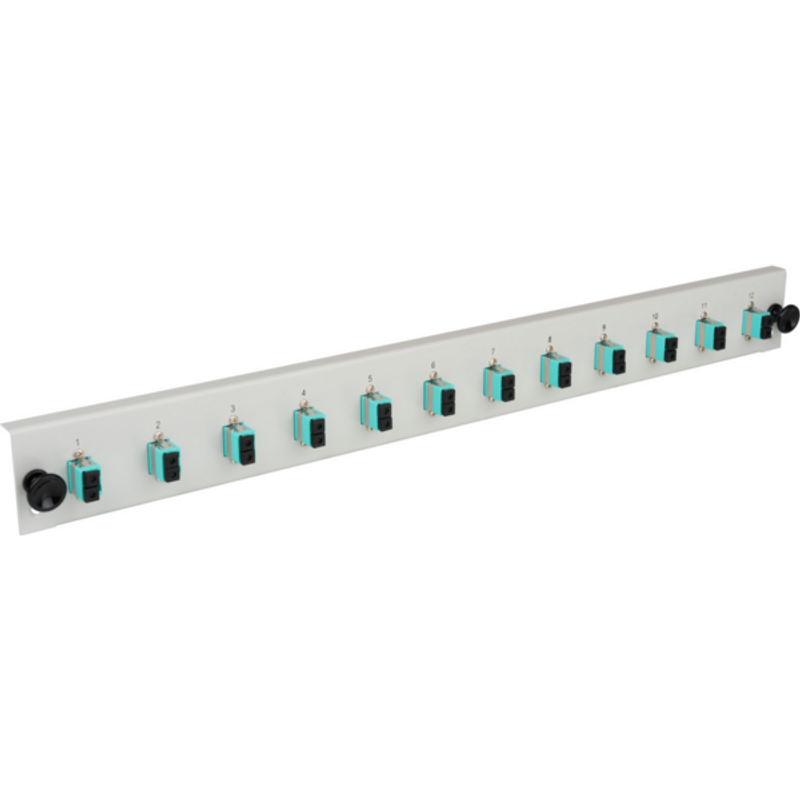 Bestückte Frontblende mit 12 x LC Duplex, Kupplung OM4, grau