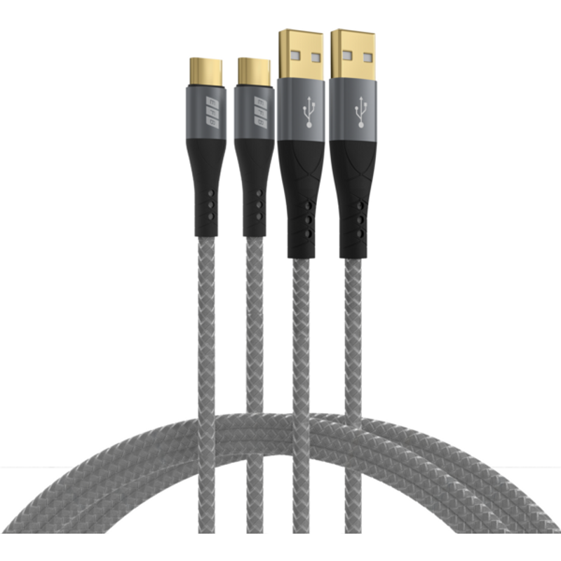 USB-A auf USB-C Kabelset 60W QC 3A, 2x2m grau Goldkontakte Textilmantel