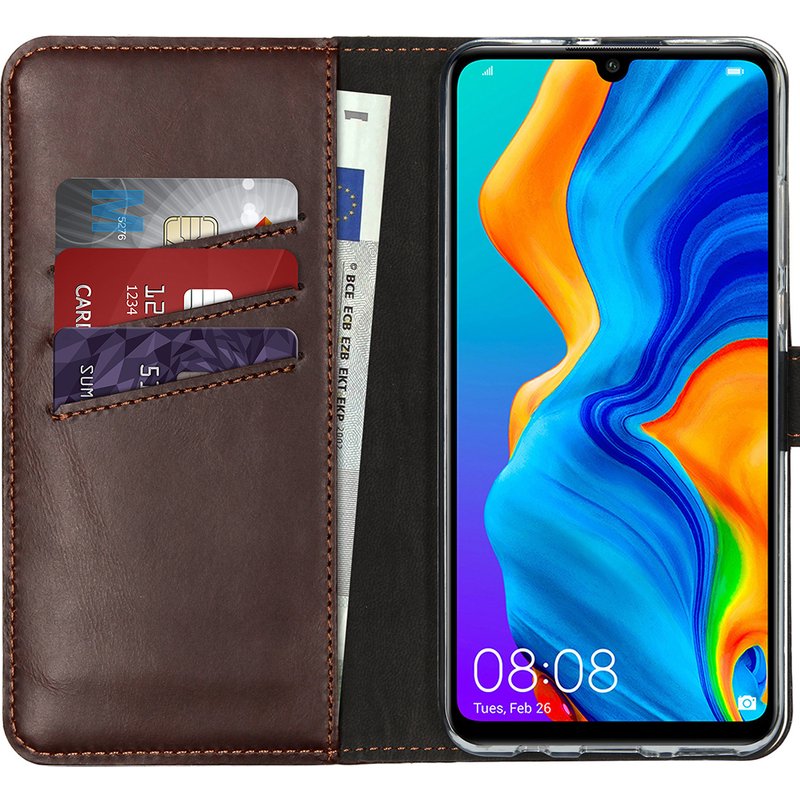 Coque Huawei P30 Lite - Cuir véritable - Selencia Coque portefeuille - étui téléphone Marron - Design Aucun