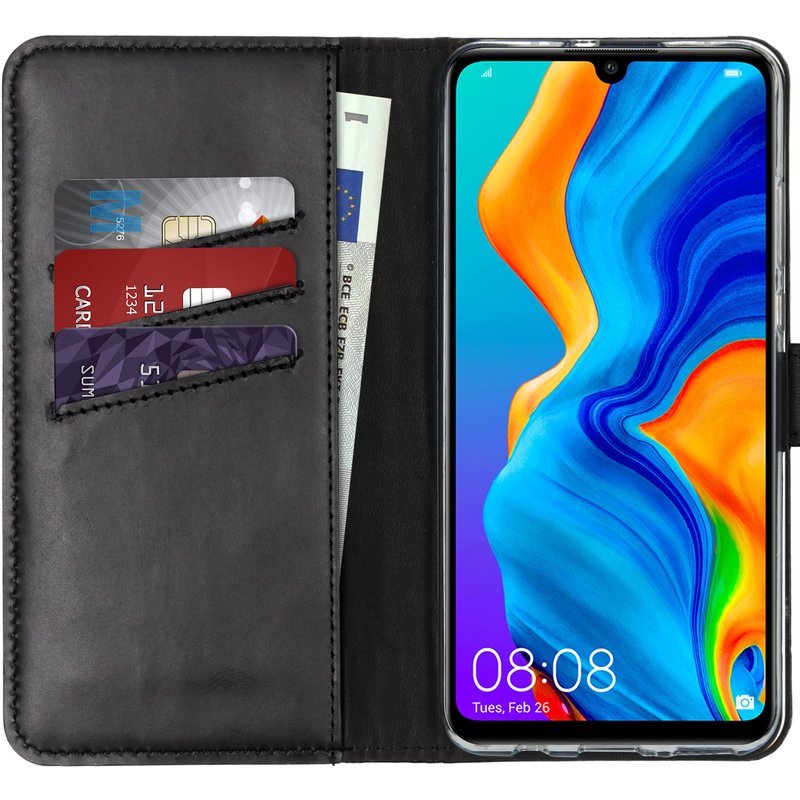 Coque Huawei P30 Lite - Cuir véritable - Selencia Coque portefeuille - étui téléphone Noir - Design Aucun