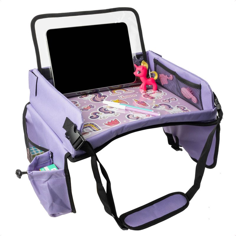 imoshion Table de voyage - Support de tablette voiture - 7 compartiments de rangement - Inclus 2 coloriages - Violet