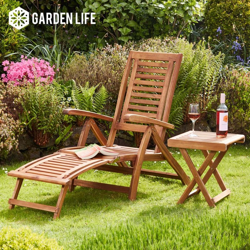 Garden Gear - Acacia Folding Steamer Deck Chair and Side Table