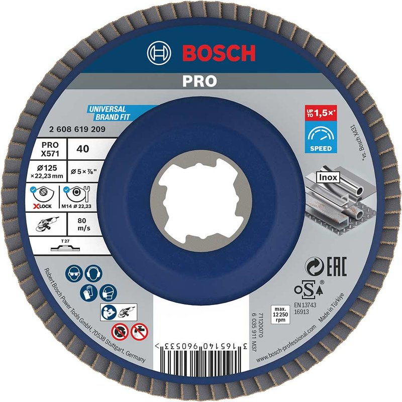Bosch PRO X Lock Zirconium Abrasive Straight Flap Disc 125mm 40g Pack of 1