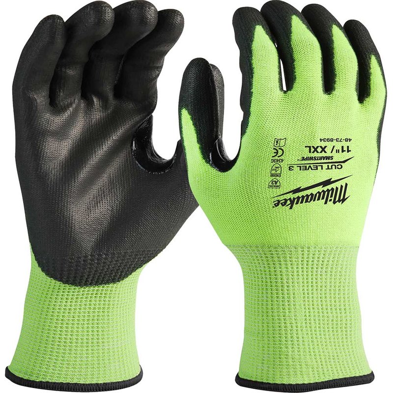 Milwaukee Hi Vis Cut Level 3 Dipped Work Gloves Black / Yellow 2XL Pack of 1