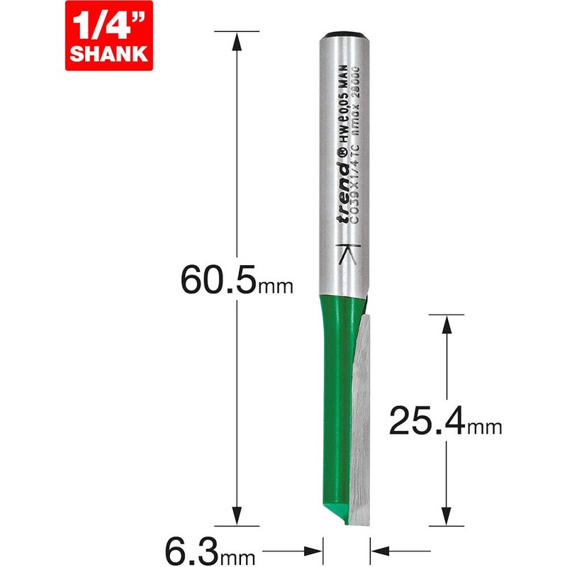 Trend CRAFTPRO Single Flute Router Cutter 6.3mm 25.4mm 1/4"