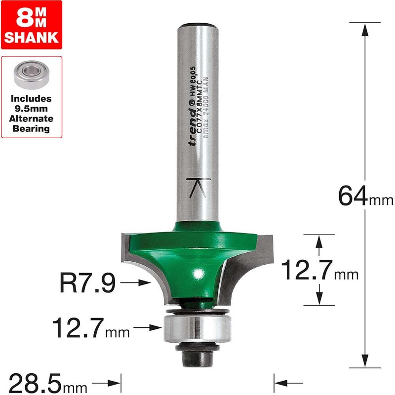 Trend CRAFTPRO Round Over and Ovolo Router Cutter 28.5mm 12.7mm 8mm