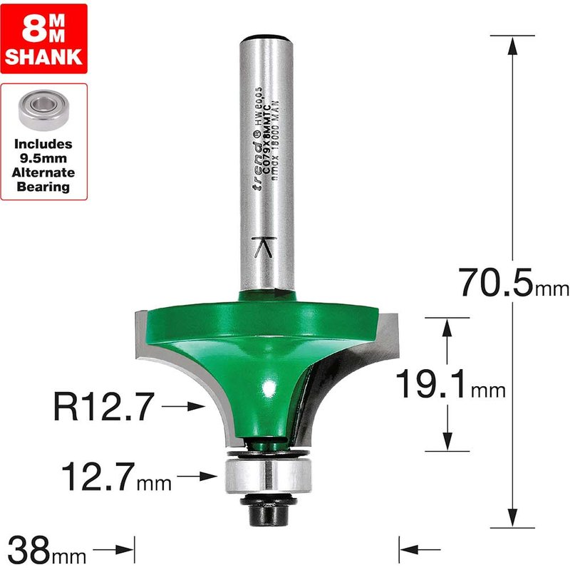 Trend CRAFTPRO Round Over and Ovolo Router Cutter 38mm 19.1mm 8mm