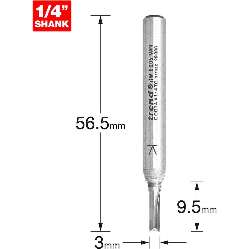 Trend CRAFTPRO Two Flute Straight Router Cutter 3mm 9.5mm 1/4"