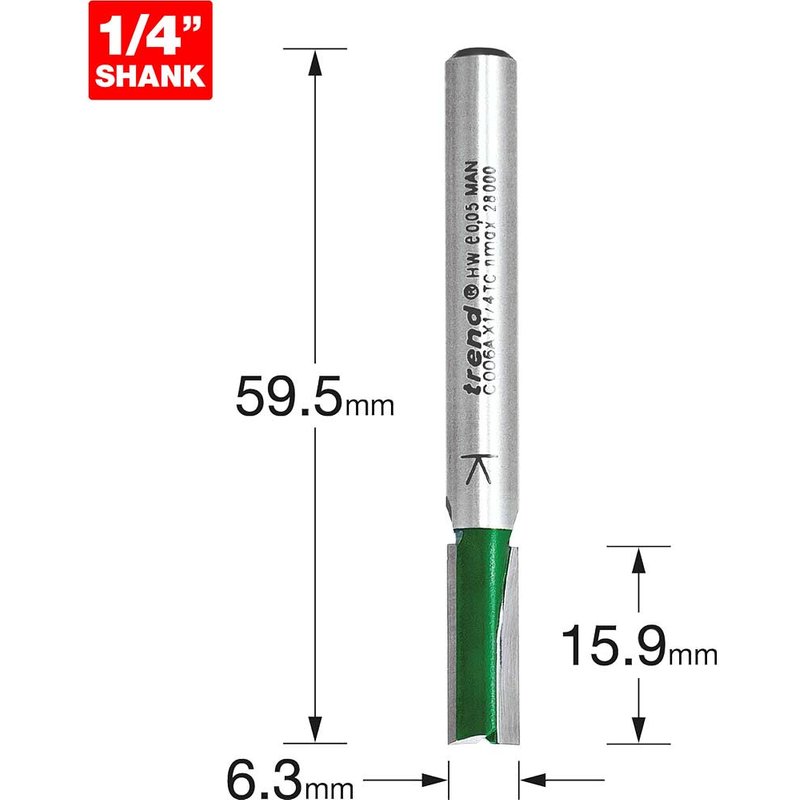 Trend CRAFTPRO Two Flute Straight Router Cutter 6.3mm 16mm 1/4"