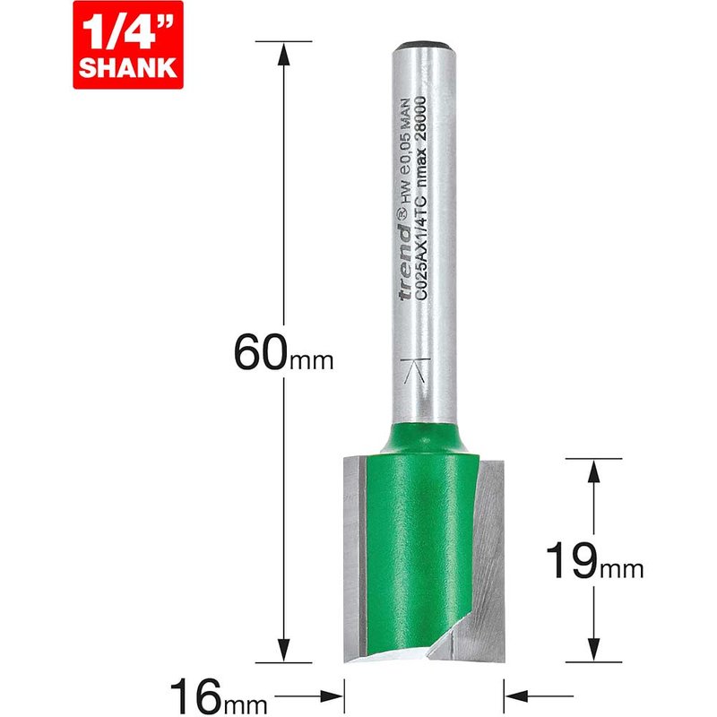 Trend CRAFTPRO Two Flute Straight Router Cutter 16mm 19mm 1/4"