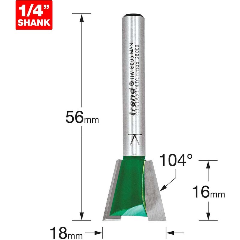 Trend CRAFTPRO Dovetail Jig Router Cutter 18mm 16mm 1/4"