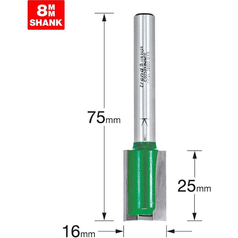 Trend CRAFTPRO Two Flute Straight Router Cutter 16mm 25mm 8mm