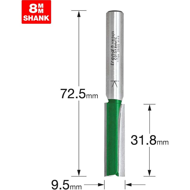 Trend CRAFTPRO Two Flute Straight Router Cutter 9.5mm 31.8mm 8mm