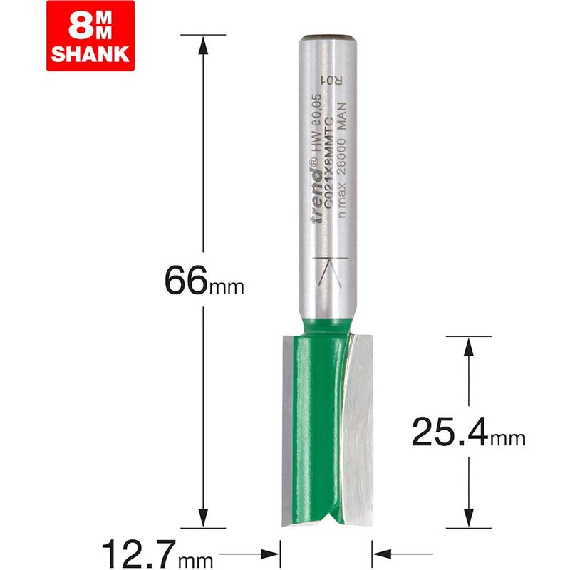 Trend CRAFTPRO Two Flute Straight Router Cutter 12.7mm 25.4mm 8mm