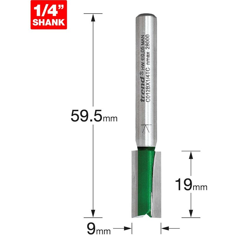 Trend CRAFTPRO Two Flute Straight Router Cutter 9mm 19mm 1/4"