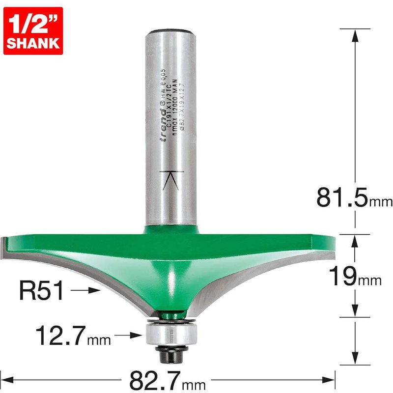 Trend CRAFTPRO Handrail Bearig Guided Router Cutter 82.7mm 19mm 1/2"