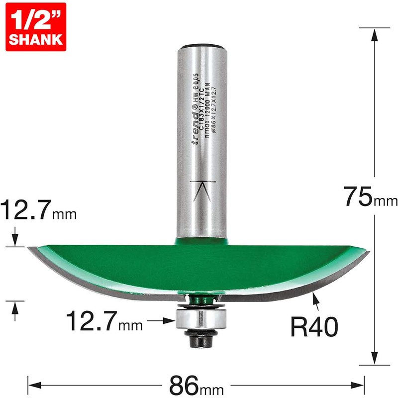 Trend CRAFTPRO Bearing Guided Large Radius Panel Raiser Router Cutter 86mm 12.7mm 1/2"