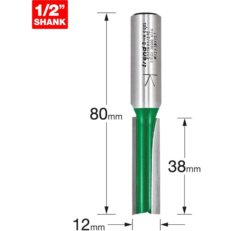Trend CRAFTPRO Two Flute Straight Router Cutter 12mm 38mm 1/2"