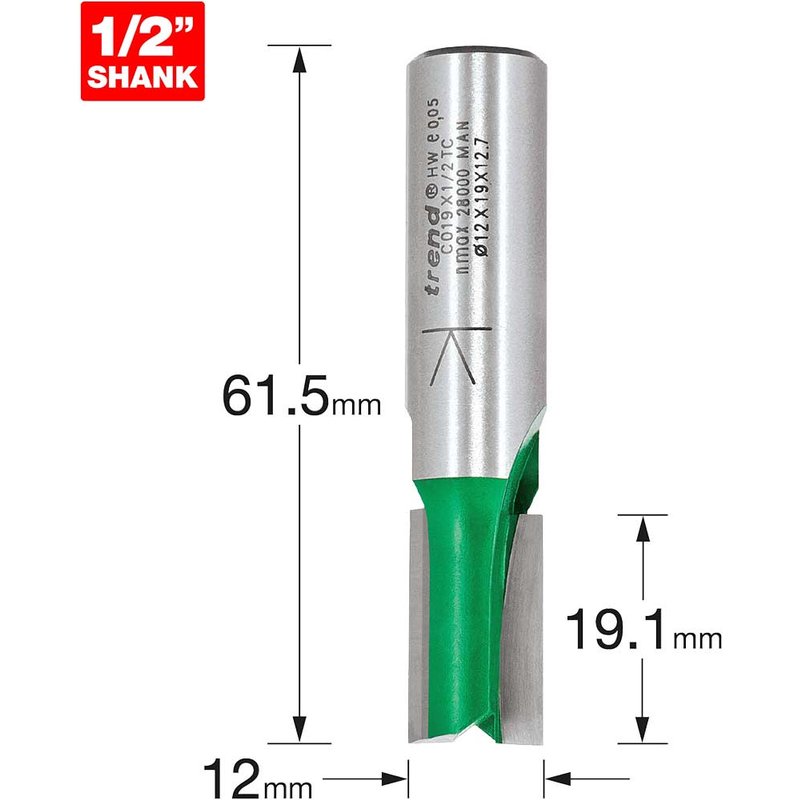 Trend CRAFTPRO Two Flute Straight Router Cutter 12mm 19mm 1/2"