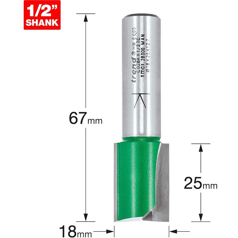Trend CRAFTPRO Two Flute Straight Router Cutter 18mm 25mm 1/2"