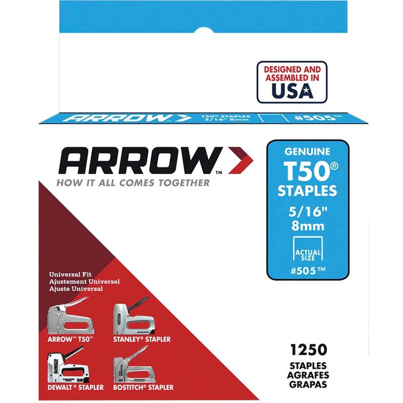 Arrow T50 Steel Staples For T50 Heavy Duty Hand Staple Gun 8mm Pack of 1250