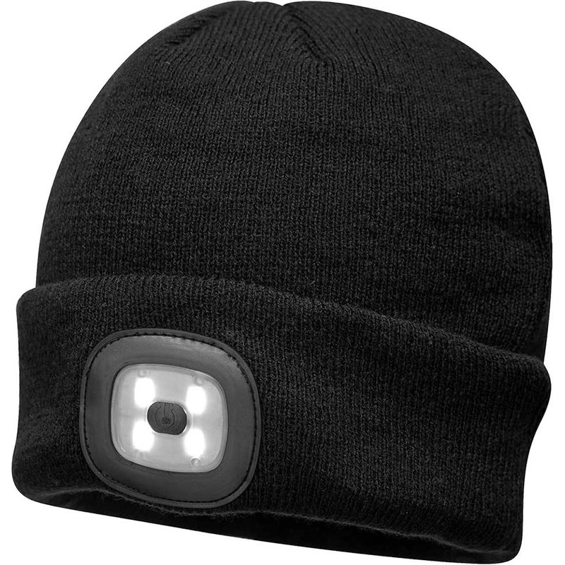 Portwest Beanie Hat and USB Rechargeable LED Head Light Black One Size