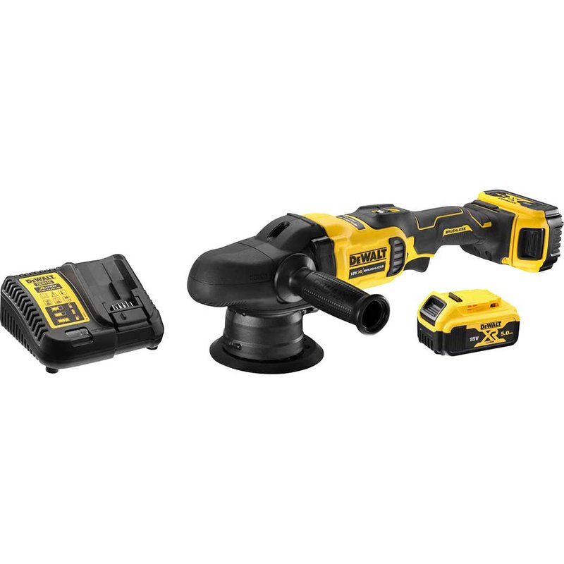 DeWalt DCM848 18v XR Cordless Brushless 125mm Dual Action Polisher 2 x 5ah Li-ion Battery Charger Case